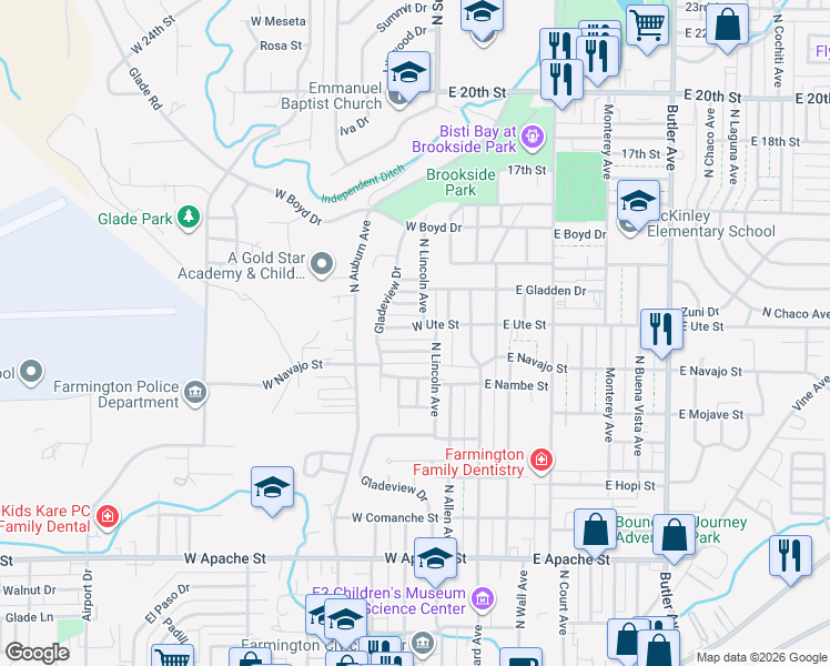map of restaurants, bars, coffee shops, grocery stores, and more near 307 West Ute Street in Farmington