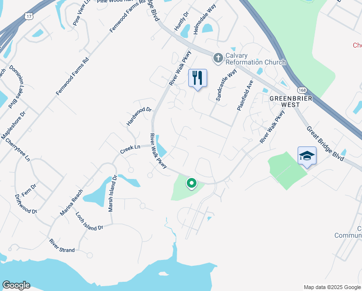 map of restaurants, bars, coffee shops, grocery stores, and more near 439 Supplejack Court in Chesapeake