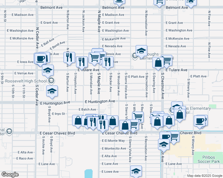 map of restaurants, bars, coffee shops, grocery stores, and more near 249 South Backer Avenue in Fresno
