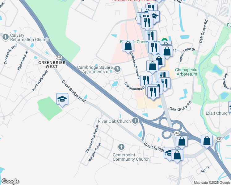 map of restaurants, bars, coffee shops, grocery stores, and more near 405 Bracknell Arch in Chesapeake