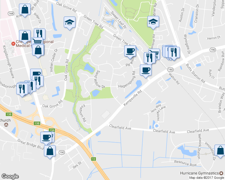 map of restaurants, bars, coffee shops, grocery stores, and more near 521 Hidden Falls Lane in Chesapeake