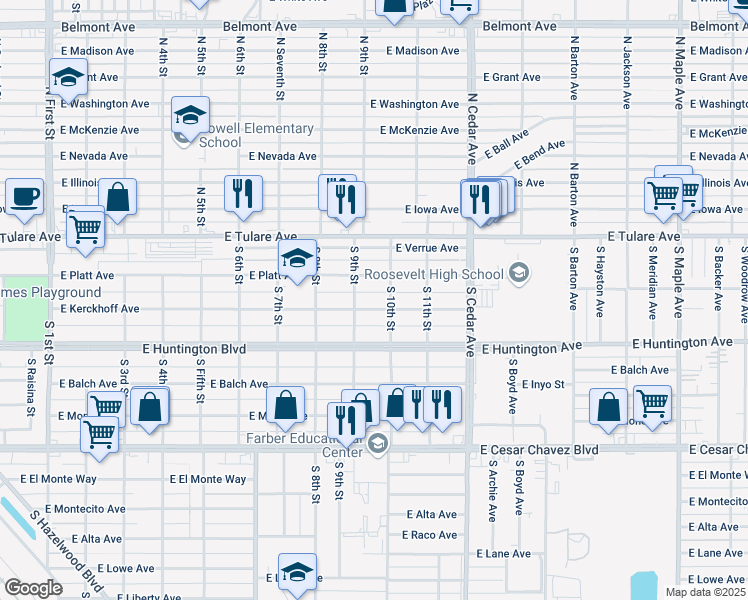 map of restaurants, bars, coffee shops, grocery stores, and more near 3935 East Kerckhoff Avenue in Fresno