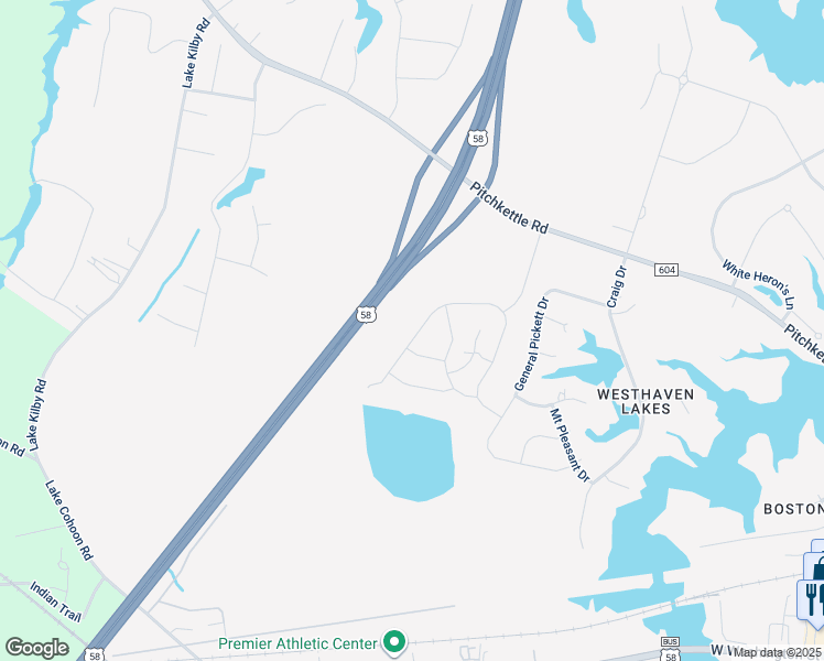 map of restaurants, bars, coffee shops, grocery stores, and more near 416 Terrywood Drive in Suffolk