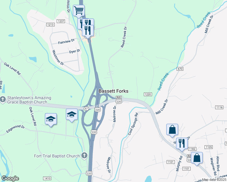 map of restaurants, bars, coffee shops, grocery stores, and more near in Bassett Forks