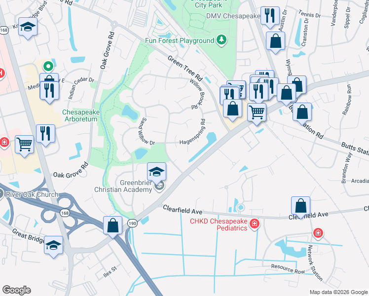 map of restaurants, bars, coffee shops, grocery stores, and more near 508 Mountain Stone Way in Chesapeake