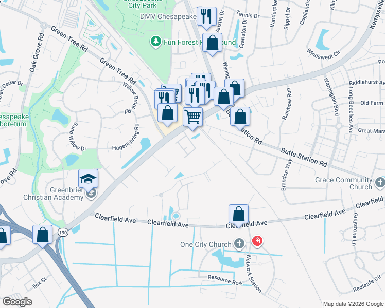 map of restaurants, bars, coffee shops, grocery stores, and more near 429 Green Meadow Drive in Chesapeake