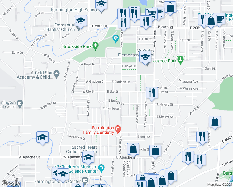 map of restaurants, bars, coffee shops, grocery stores, and more near 205 East Ute Street in Farmington