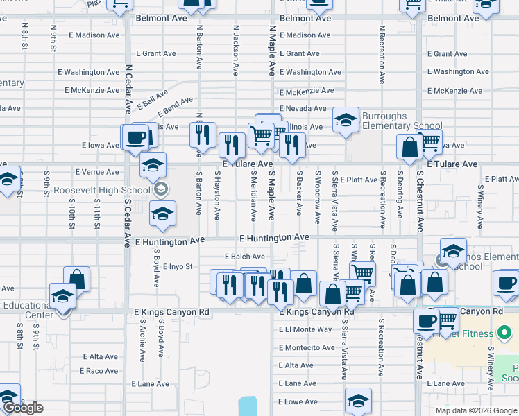 map of restaurants, bars, coffee shops, grocery stores, and more near 255 South Meridian Avenue in Fresno
