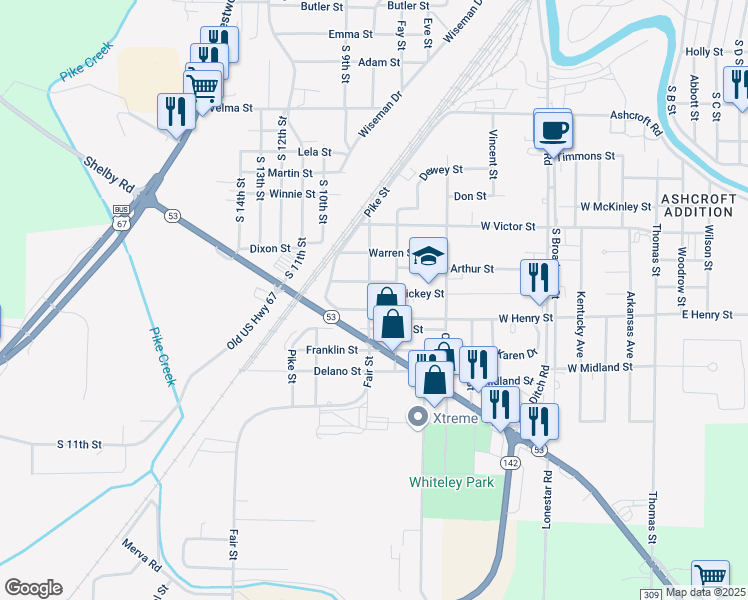 map of restaurants, bars, coffee shops, grocery stores, and more near 1916 Fair Street in Poplar Bluff