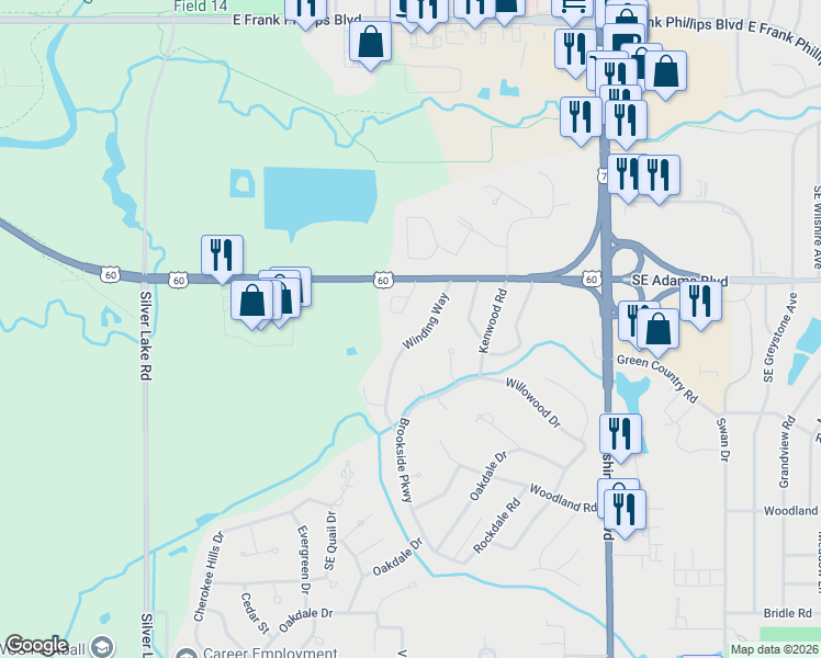 map of restaurants, bars, coffee shops, grocery stores, and more near 801 Winding Way in Bartlesville