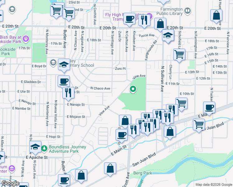 map of restaurants, bars, coffee shops, grocery stores, and more near 1125 East Ute Street in Farmington