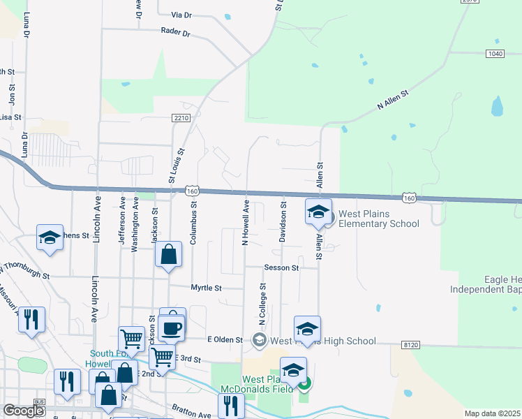 map of restaurants, bars, coffee shops, grocery stores, and more near 1322 North Howell Avenue in West Plains