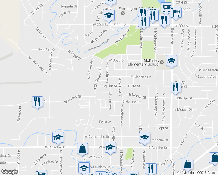 map of restaurants, bars, coffee shops, grocery stores, and more near 301 West Ute Street in Farmington