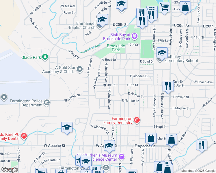map of restaurants, bars, coffee shops, grocery stores, and more near 301 West Ute Street in Farmington