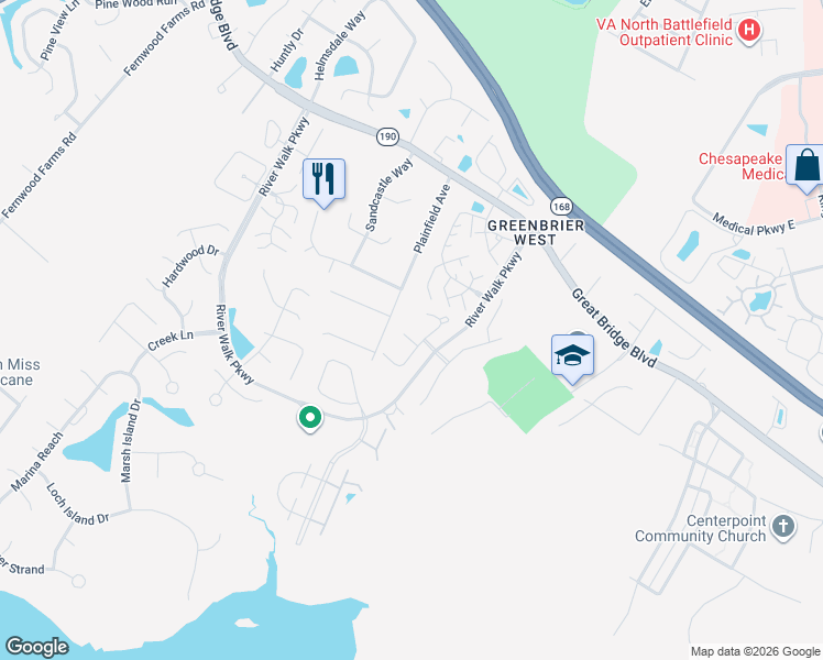 map of restaurants, bars, coffee shops, grocery stores, and more near 504 River Arch Ct in Chesapeake