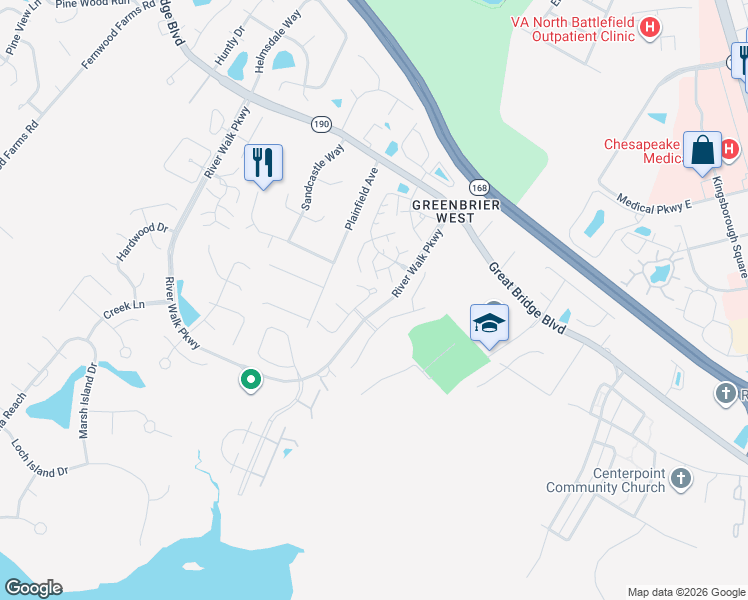 map of restaurants, bars, coffee shops, grocery stores, and more near 505 Renaissance Court in Chesapeake