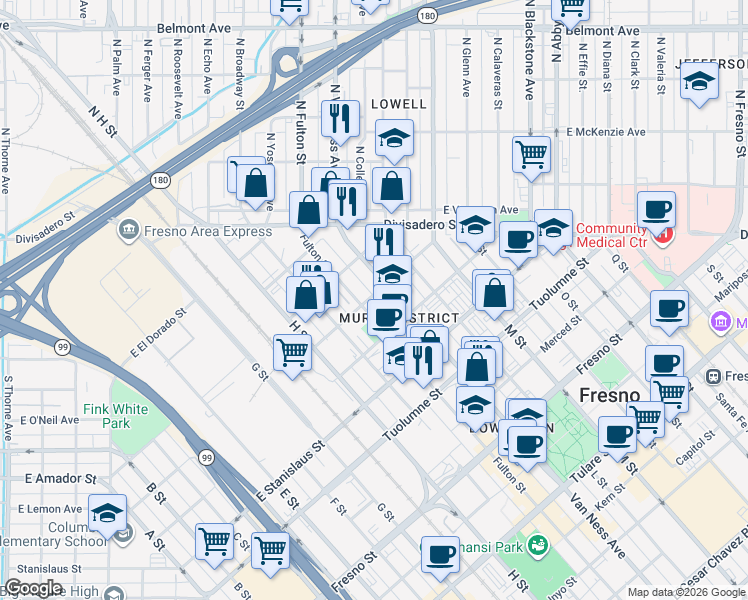 map of restaurants, bars, coffee shops, grocery stores, and more near 1612 Fulton Street in Fresno