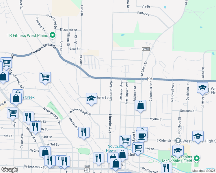 map of restaurants, bars, coffee shops, grocery stores, and more near 1100-1198 N Garfield Ave in West Plains