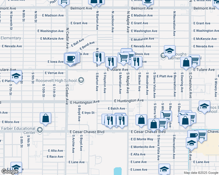 map of restaurants, bars, coffee shops, grocery stores, and more near 212 South Jackson Avenue in Fresno