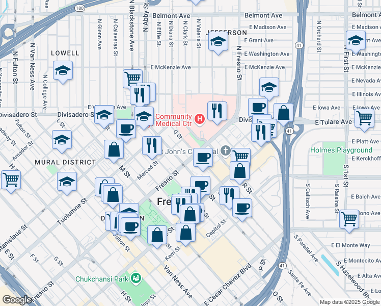 map of restaurants, bars, coffee shops, grocery stores, and more near 2641 Fresno Street in Fresno