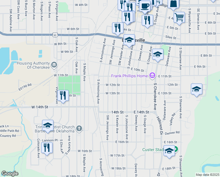 map of restaurants, bars, coffee shops, grocery stores, and more near 1210 Southwest Jennings Avenue in Bartlesville