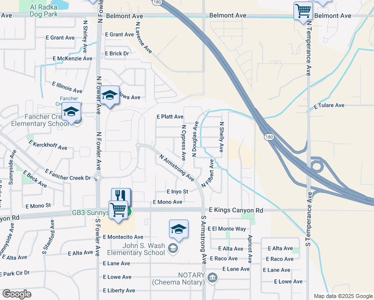 map of restaurants, bars, coffee shops, grocery stores, and more near 254 North Cypress Avenue in Fresno