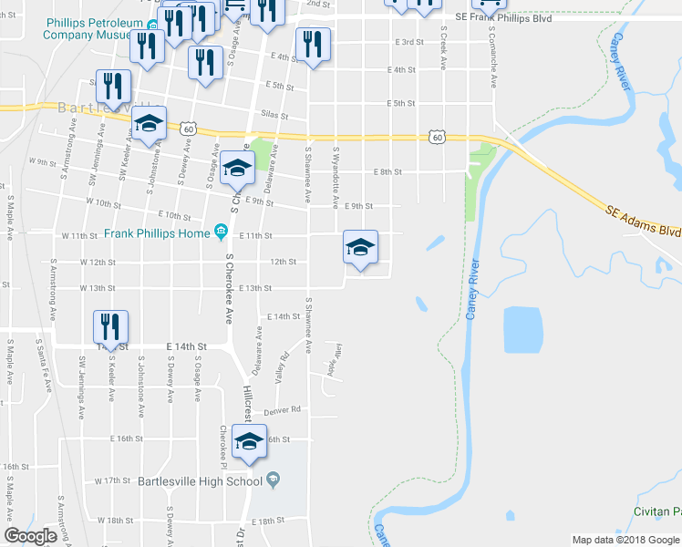 map of restaurants, bars, coffee shops, grocery stores, and more near 1225 Garden Drive in Bartlesville
