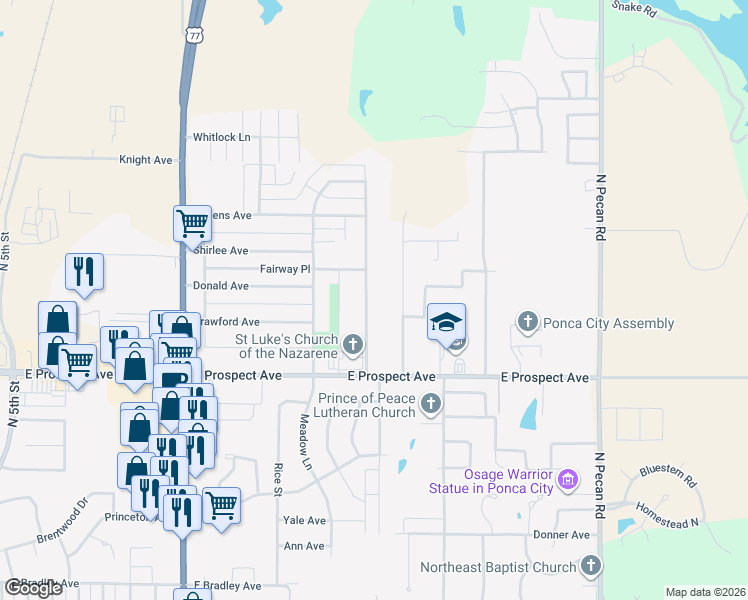 map of restaurants, bars, coffee shops, grocery stores, and more near 3107 Kingston Road in Ponca City