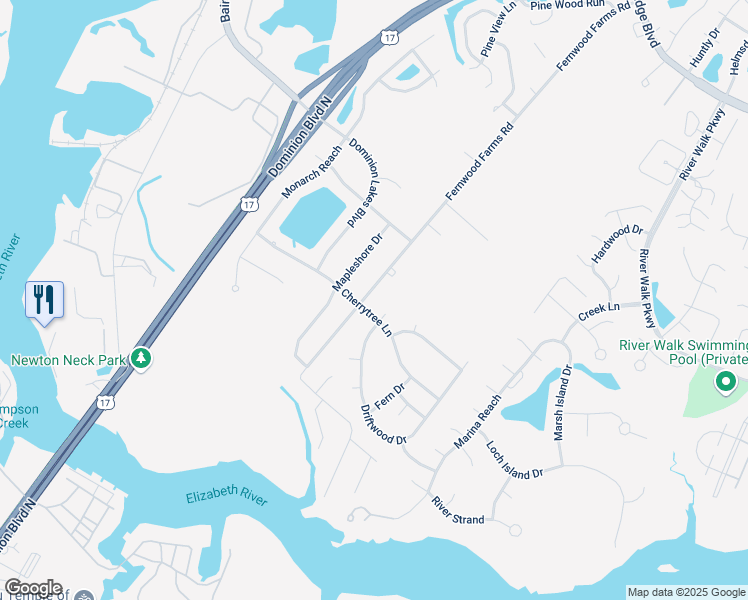 map of restaurants, bars, coffee shops, grocery stores, and more near 407 Fernwood Farms Road in Chesapeake