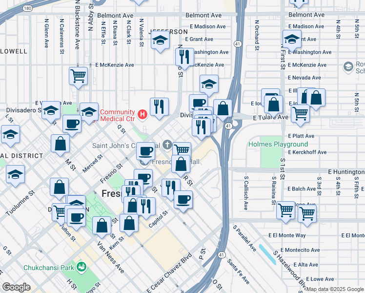 map of restaurants, bars, coffee shops, grocery stores, and more near 1028 S Street in Fresno
