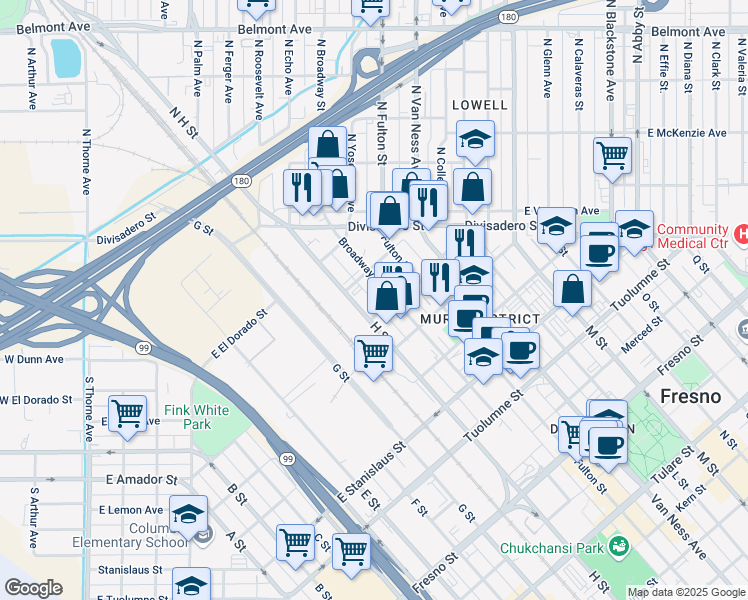 map of restaurants, bars, coffee shops, grocery stores, and more near 1801 Broadway Street in Fresno