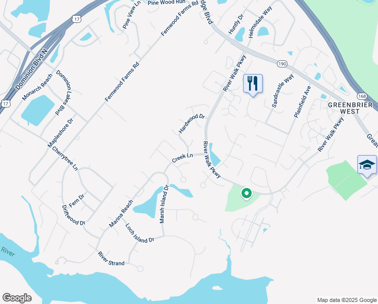 map of restaurants, bars, coffee shops, grocery stores, and more near 864 Hardwood Drive in Chesapeake