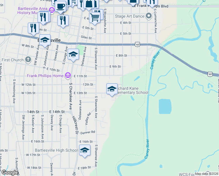 map of restaurants, bars, coffee shops, grocery stores, and more near 1225 Garden Drive in Bartlesville