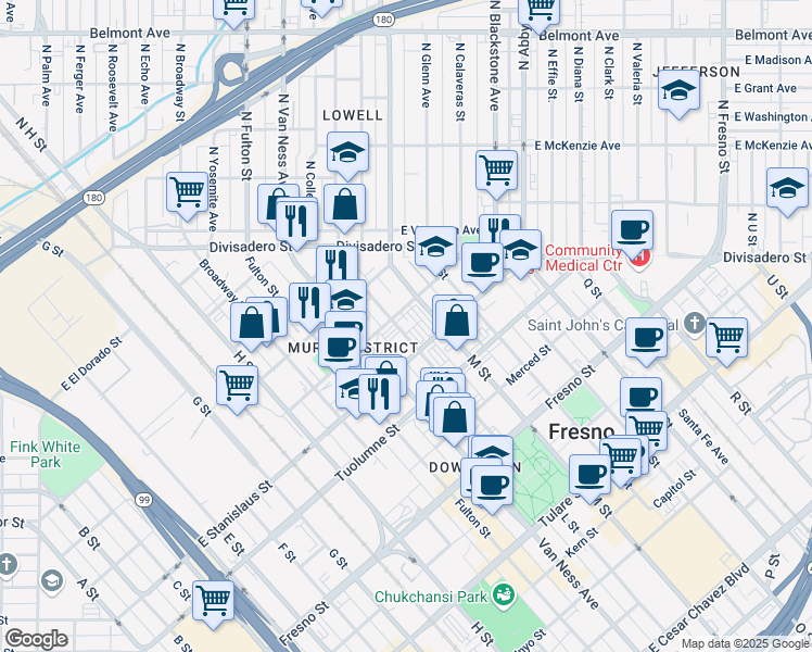 map of restaurants, bars, coffee shops, grocery stores, and more near 1546 L Street in Fresno