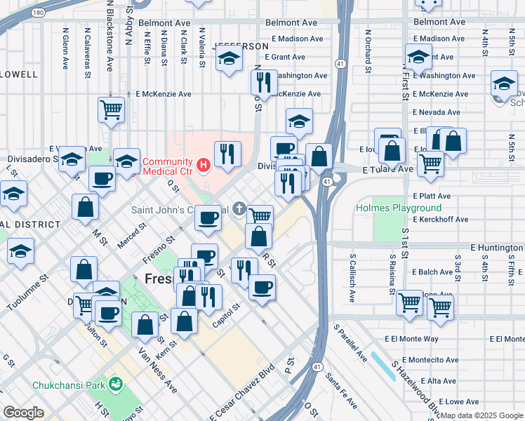 map of restaurants, bars, coffee shops, grocery stores, and more near 1028 S Street in Fresno