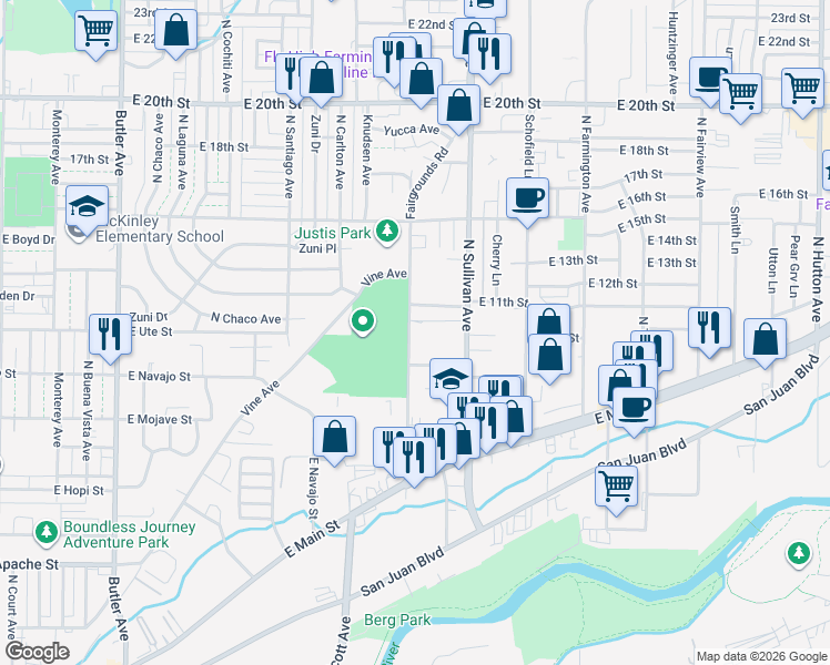 map of restaurants, bars, coffee shops, grocery stores, and more near 1112 Fairgrounds Road in Farmington