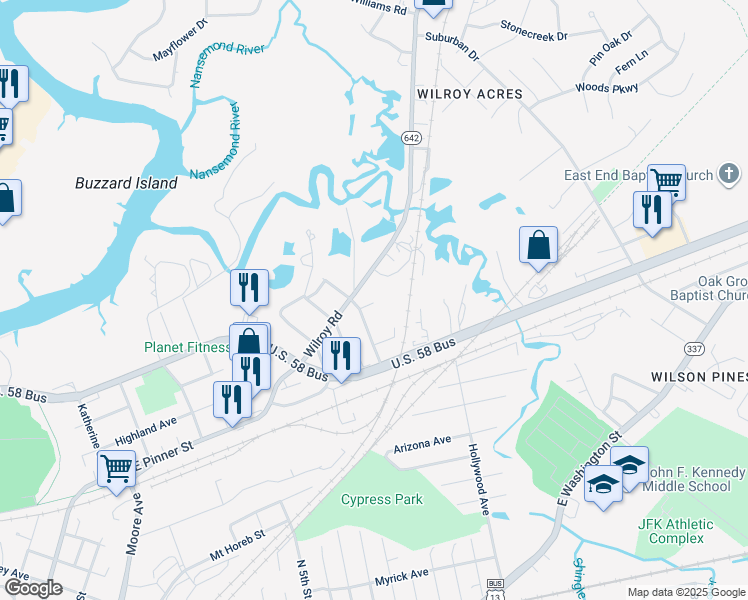 map of restaurants, bars, coffee shops, grocery stores, and more near 1108 Proctor Street in Suffolk
