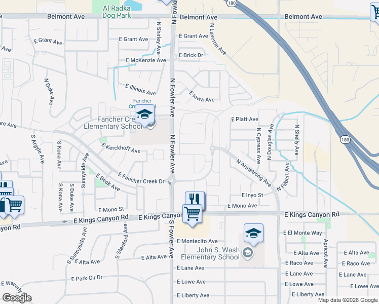 map of restaurants, bars, coffee shops, grocery stores, and more near 6093 East Kerckhoff Avenue in Fresno