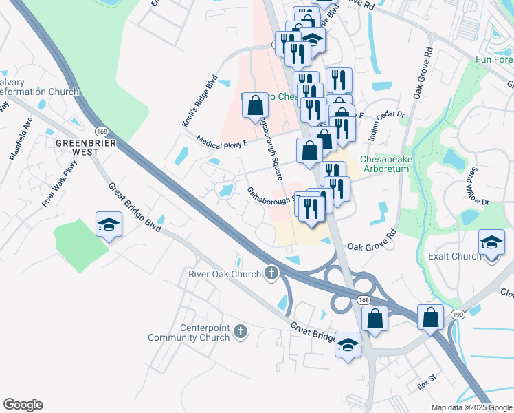 map of restaurants, bars, coffee shops, grocery stores, and more near 101 Sabal Palm Lane in Chesapeake