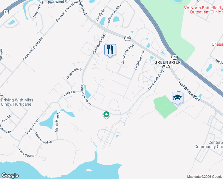 map of restaurants, bars, coffee shops, grocery stores, and more near 716 River Hollow Court in Chesapeake