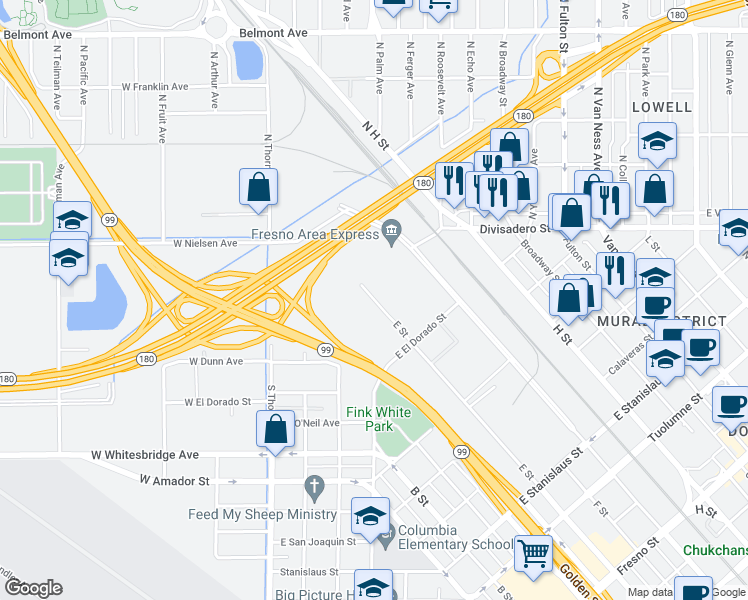 map of restaurants, bars, coffee shops, grocery stores, and more near 2421 E Street in Fresno
