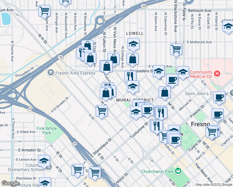 map of restaurants, bars, coffee shops, grocery stores, and more near 1759 Fulton Street in Fresno
