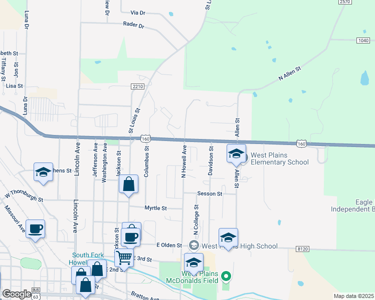 map of restaurants, bars, coffee shops, grocery stores, and more near 1322 North Howell Avenue in West Plains