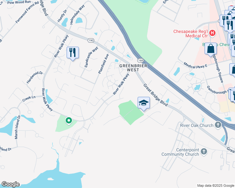 map of restaurants, bars, coffee shops, grocery stores, and more near 642 Creekside Court in Chesapeake