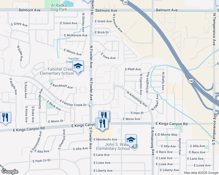 map of restaurants, bars, coffee shops, grocery stores, and more near 6152 East Laurel Avenue in Fresno