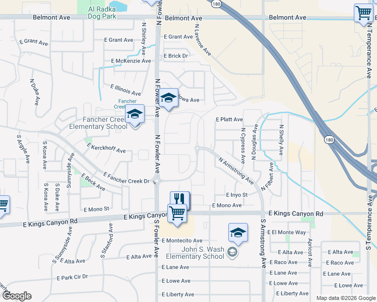 map of restaurants, bars, coffee shops, grocery stores, and more near 6152 East Laurel Avenue in Fresno