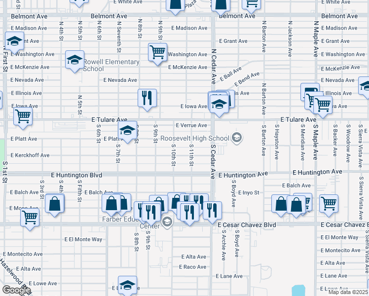 map of restaurants, bars, coffee shops, grocery stores, and more near 4031 East Kerckhoff Avenue in Fresno