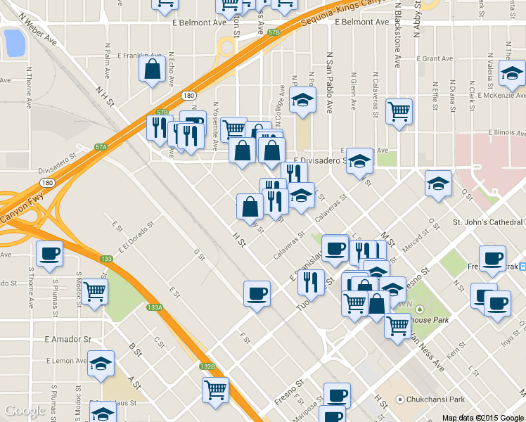 map of restaurants, bars, coffee shops, grocery stores, and more near 1730 Broadway Street in Fresno