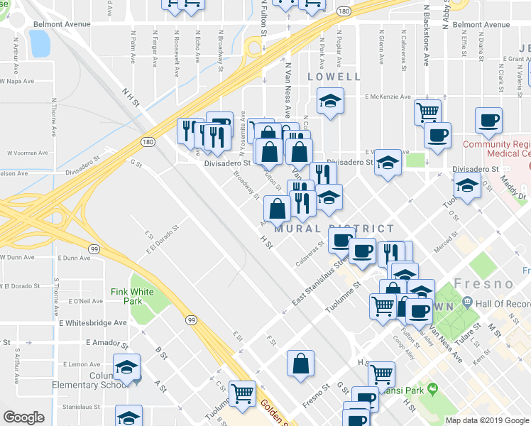 map of restaurants, bars, coffee shops, grocery stores, and more near 1801 Broadway Street in Fresno