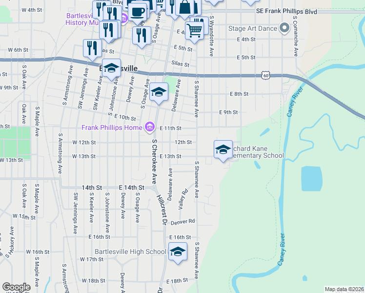 map of restaurants, bars, coffee shops, grocery stores, and more near 509 3/4 East 12th Street in Bartlesville